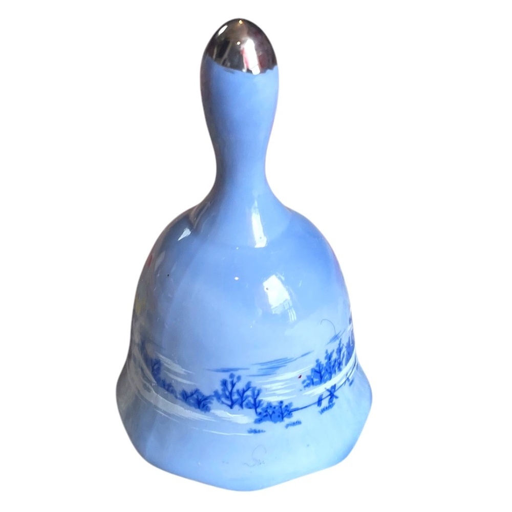 Vintage Winter Scene Barn Silver Tipped Porcelain Blue Bell
